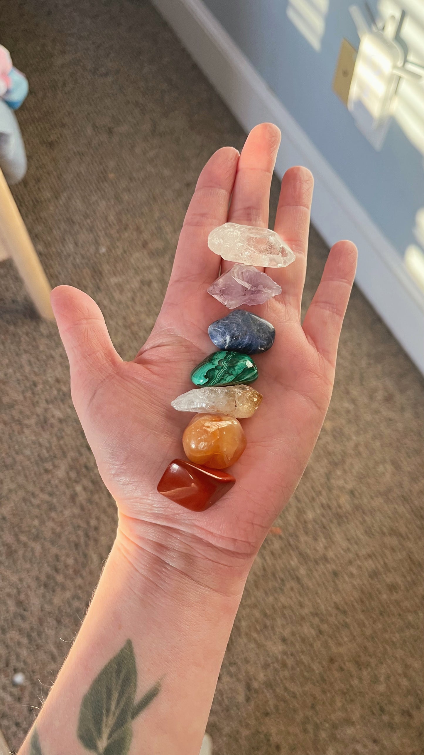 Hand holding a collection of colorful crystals on a carpeted floor.